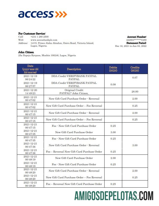 Nigeria Access modelo de extrato bancário